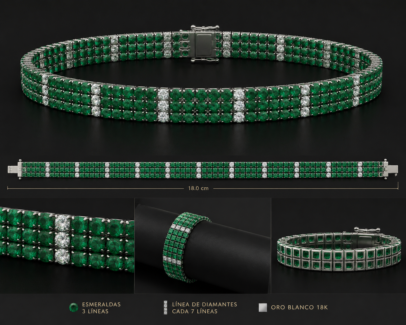 Pulsera 3 Líneas Esmeraldas y Diamantes